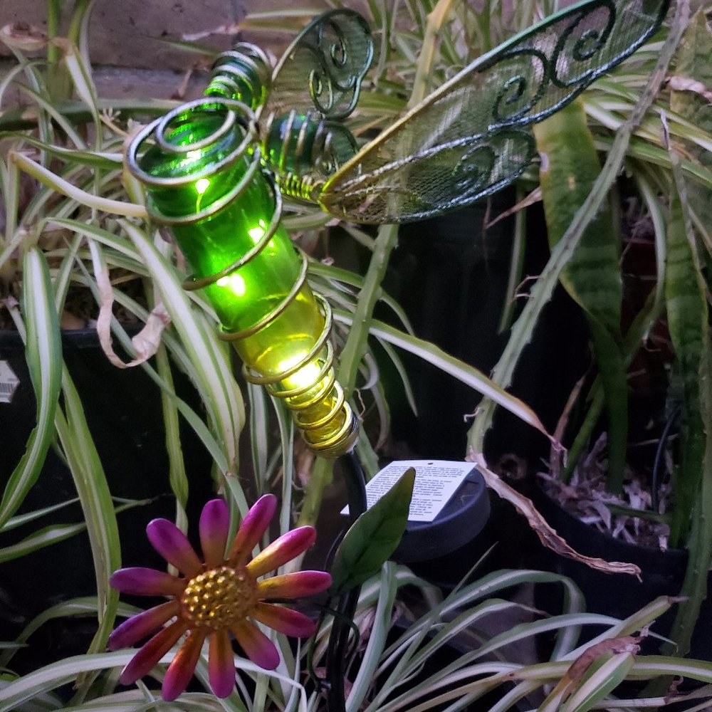 Glass Bottle, Metal Butterfly Solar LED Garden Stake, Yard Art